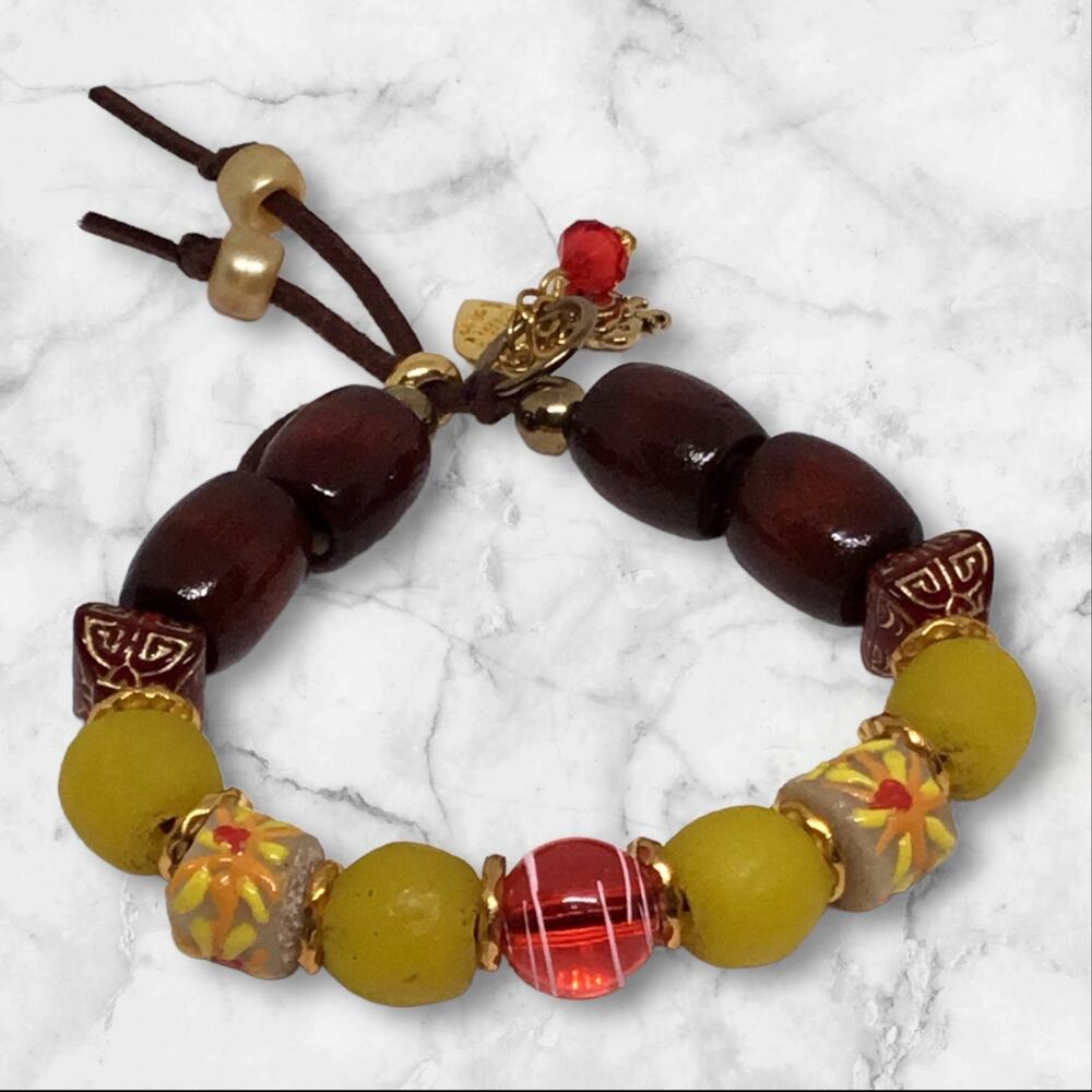 Handcrafted African Beads Recycled Glass Adjustable Leather Bracelet